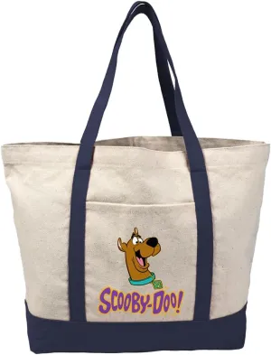Scooby-Doo! Big Smile Scooby Canvas Tote Bag With External Pocket, Reusable Shoulder Bag for Shopping, Beach, Navy