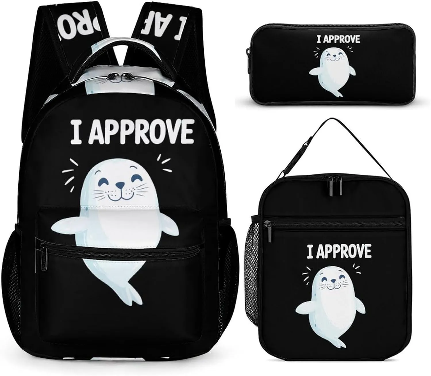 Seal of Approval 3 Pcs Backpacks Set Combination 16“ Travel Backpack Portable Lunch Bag Pencil Case for Unisex