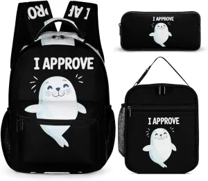 Seal of Approval 3 Pcs Backpacks Set Combination 16“ Travel Backpack Portable Lunch Bag Pencil Case for Unisex
