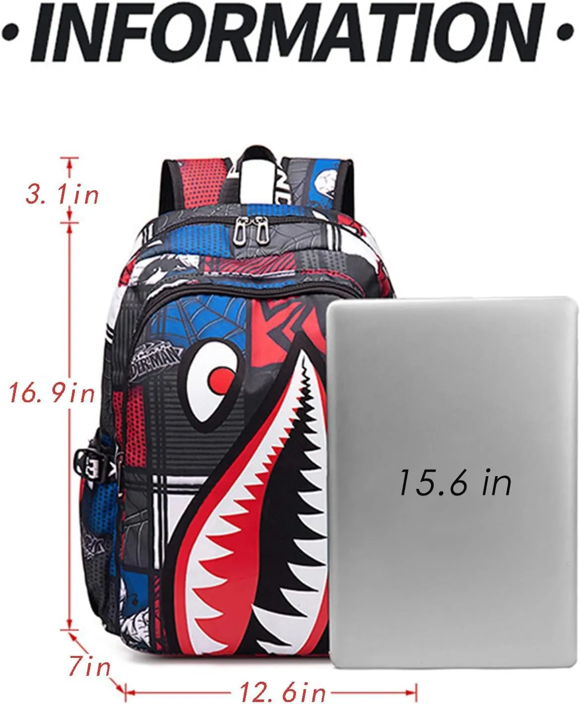 Shark Teens Backpacks Fashion Schoolbag Casual Waterproof Travel USB Laptop Backpack (Style 1)
