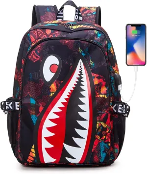 Shark Teens Backpacks Fashion Schoolbag Casual Waterproof Travel USB Laptop Backpack (Style 1)