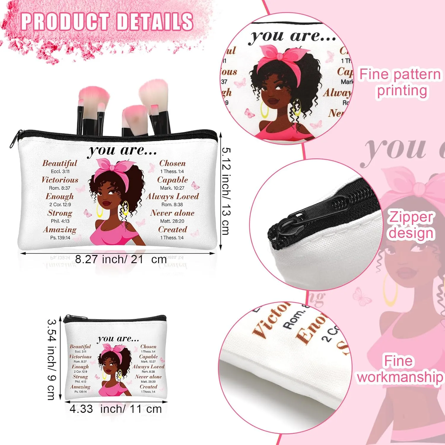 Silkfly 12 Pcs African American Cosmetic Bag for Women Bulk Christian Inspirational Gift Makeup Bag for Black Women Afro Queen Zipper Travel Pouch Purses Toiletry Organizer for Mother Day(Classic)
