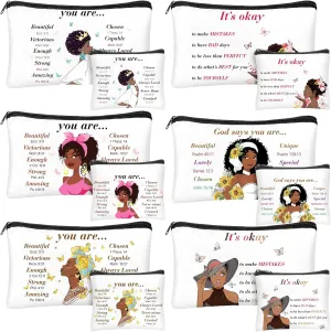 Silkfly 12 Pcs African American Cosmetic Bag for Women Bulk Christian Inspirational Gift Makeup Bag for Black Women Afro Queen Zipper Travel Pouch Purses Toiletry Organizer for Mother Day(Classic)