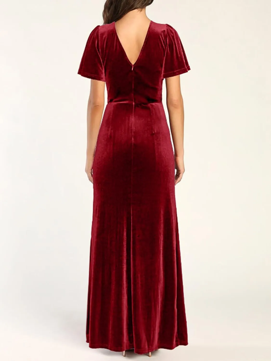 Simplee Women's Twist Front V Neck Velvet Maxi Dress Short Sleeve Fall Wedding Guest Long Semi Formal Dress with Slit
