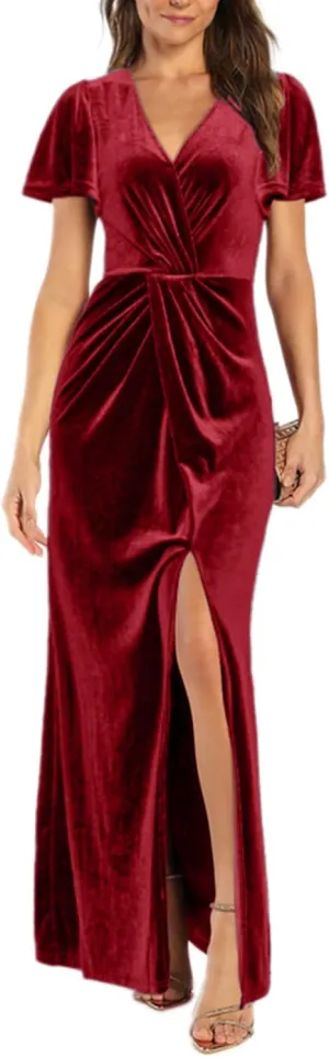 Simplee Women's Twist Front V Neck Velvet Maxi Dress Short Sleeve Fall Wedding Guest Long Semi Formal Dress with Slit
