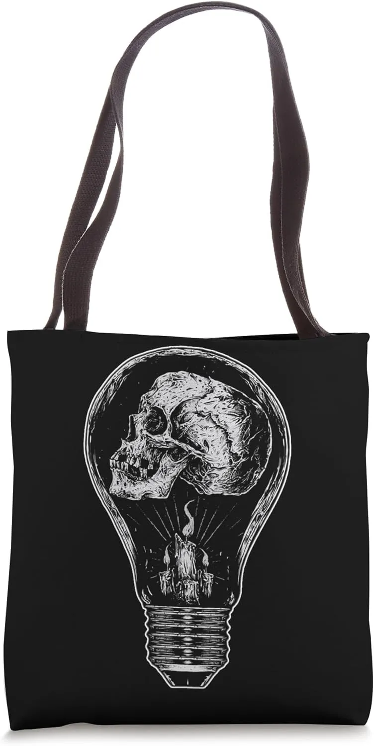 Skull in Lamp Grungy Knowledge Occult Candle and Skull Goth Tote Bag