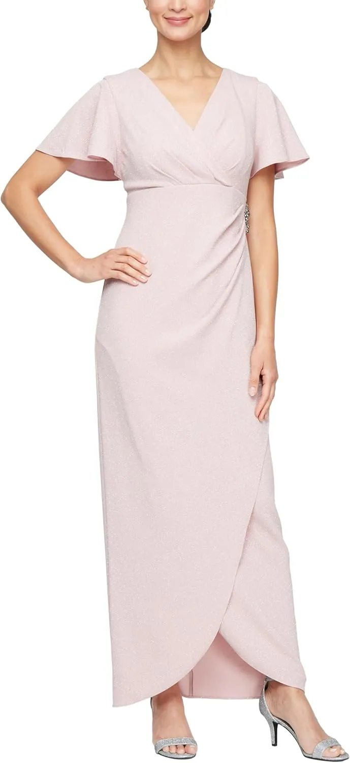 S.L. Fashions Women's Long Empire Waist Mother of The Bride Dress with Side Ruffle & Surplice Neck (Petite and Regular Sizes)