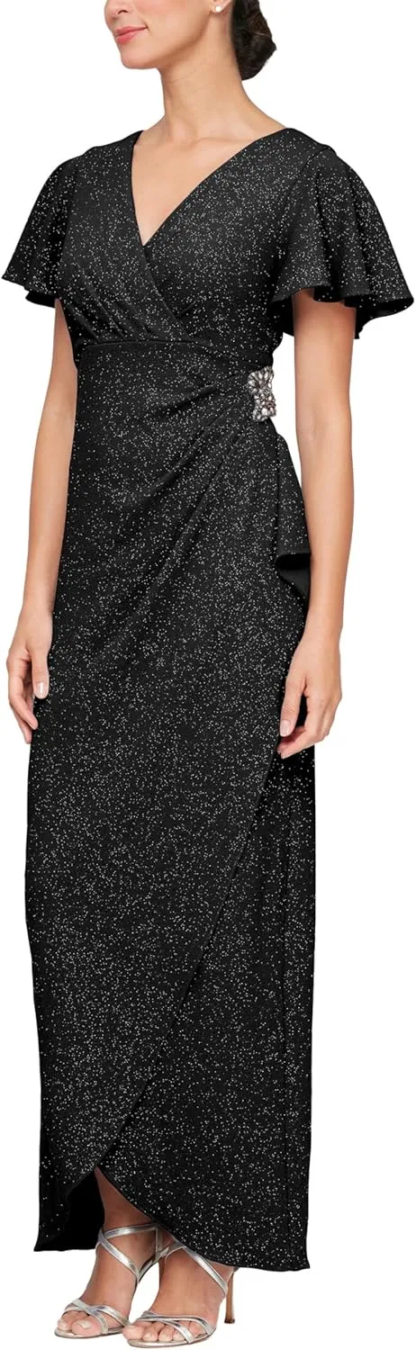 S.L. Fashions Women's Long Empire Waist Mother of The Bride Dress with Side Ruffle & Surplice Neck (Petite and Regular Sizes)