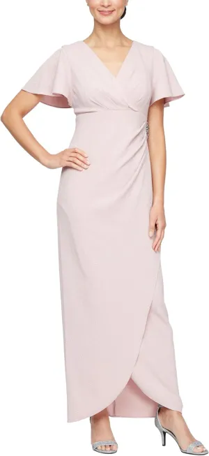 S.L. Fashions Women's Long Empire Waist Mother of The Bride Dress with Side Ruffle & Surplice Neck (Petite and Regular Sizes)