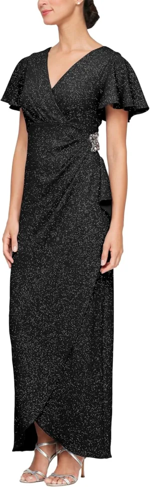 S.L. Fashions Women's Long Empire Waist Mother of The Bride Dress with Side Ruffle & Surplice Neck (Petite and Regular Sizes)