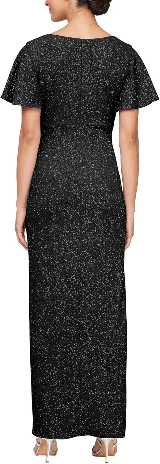 S.L. Fashions Women's Long Empire Waist Mother of The Bride Dress with Side Ruffle & Surplice Neck (Petite and Regular Sizes)