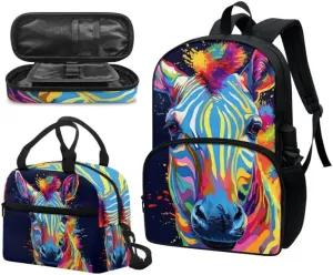Splash Rainbow Zebra 17 In Middle School Schoolbag, College African Jungle Creature Animal Lunch Box, Colorful Stripes Horse Student Pencil Bag Boys Girls Youth Black
