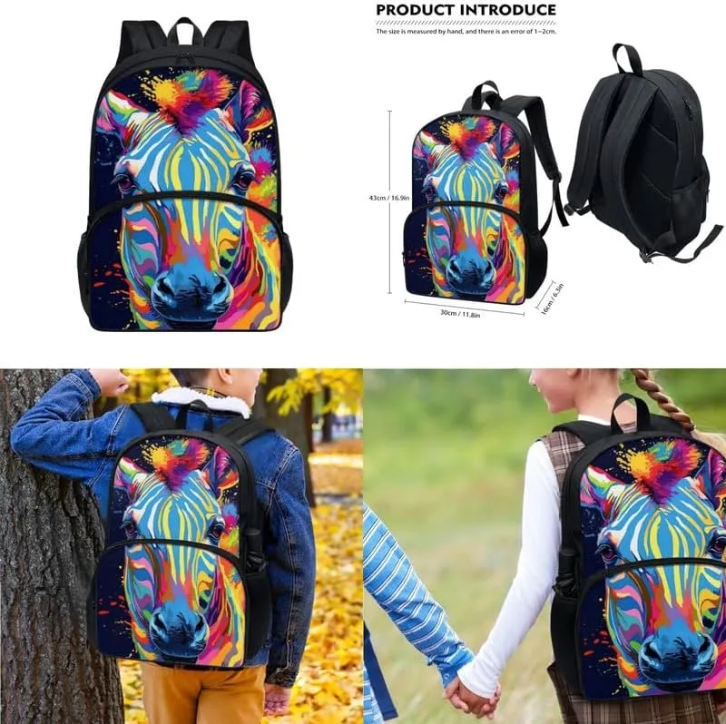 Splash Rainbow Zebra 17 In Middle School Schoolbag, College African Jungle Creature Animal Lunch Box, Colorful Stripes Horse Student Pencil Bag Boys Girls Youth Black