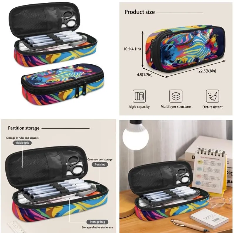 Splash Rainbow Zebra 17 In Middle School Schoolbag, College African Jungle Creature Animal Lunch Box, Colorful Stripes Horse Student Pencil Bag Boys Girls Youth Black