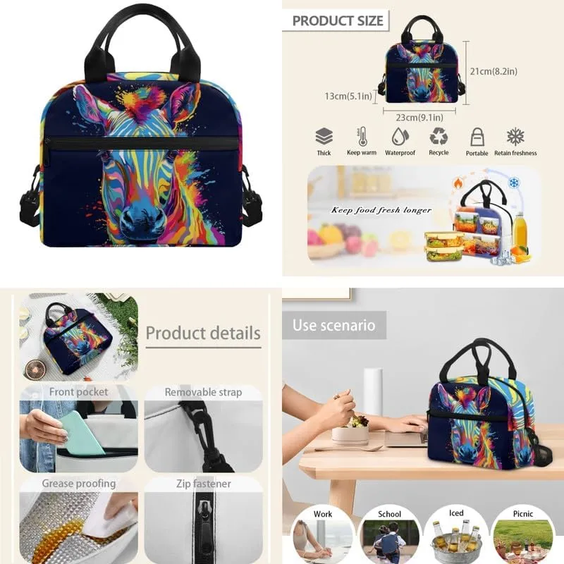 Splash Rainbow Zebra 17 In Middle School Schoolbag, College African Jungle Creature Animal Lunch Box, Colorful Stripes Horse Student Pencil Bag Boys Girls Youth Black