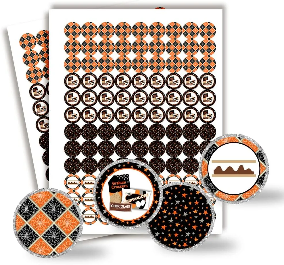 Spooky S’Mores Bonfire & Ghost Stories Themed Halloween Kiss Sticker Labels, 300 Party Circle Sticker Sized 0.75” for Chocolate Drop Kisses by AmandaCreation, Great for Favors, Envelopes & Bags