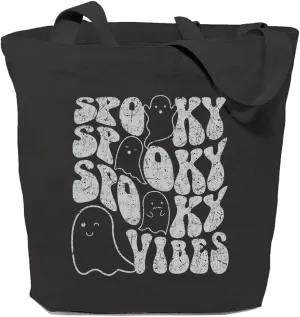 Spooky Vibes Canvas Tote Bag for Women Aesthetic Retro Ghost Halloween Reusable Grocery Shopping Bags Girls Gifts