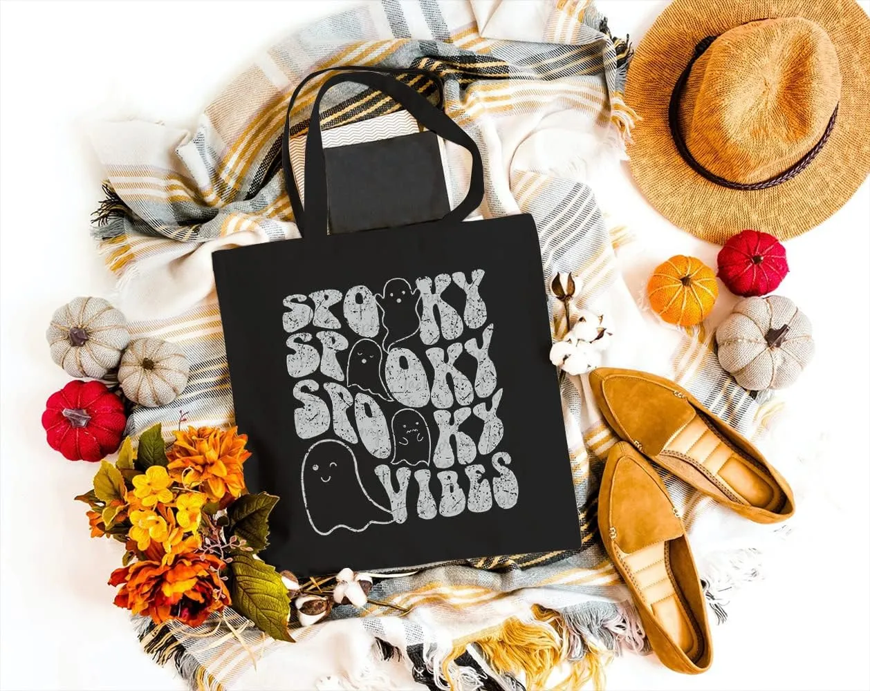 Spooky Vibes Canvas Tote Bag for Women Aesthetic Retro Ghost Halloween Reusable Grocery Shopping Bags Girls Gifts