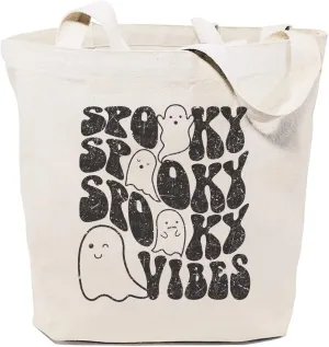 Spooky Vibes Canvas Tote Bag for Women Aesthetic Retro Ghost Halloween Reusable Grocery Shopping Bags Girls Gifts