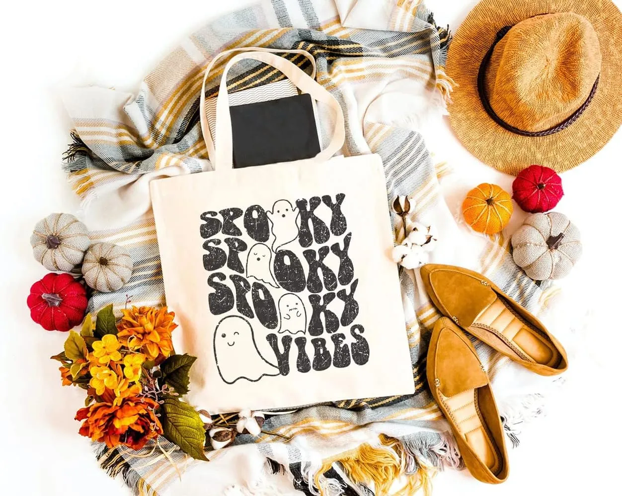 Spooky Vibes Canvas Tote Bag for Women Aesthetic Retro Ghost Halloween Reusable Grocery Shopping Bags Girls Gifts