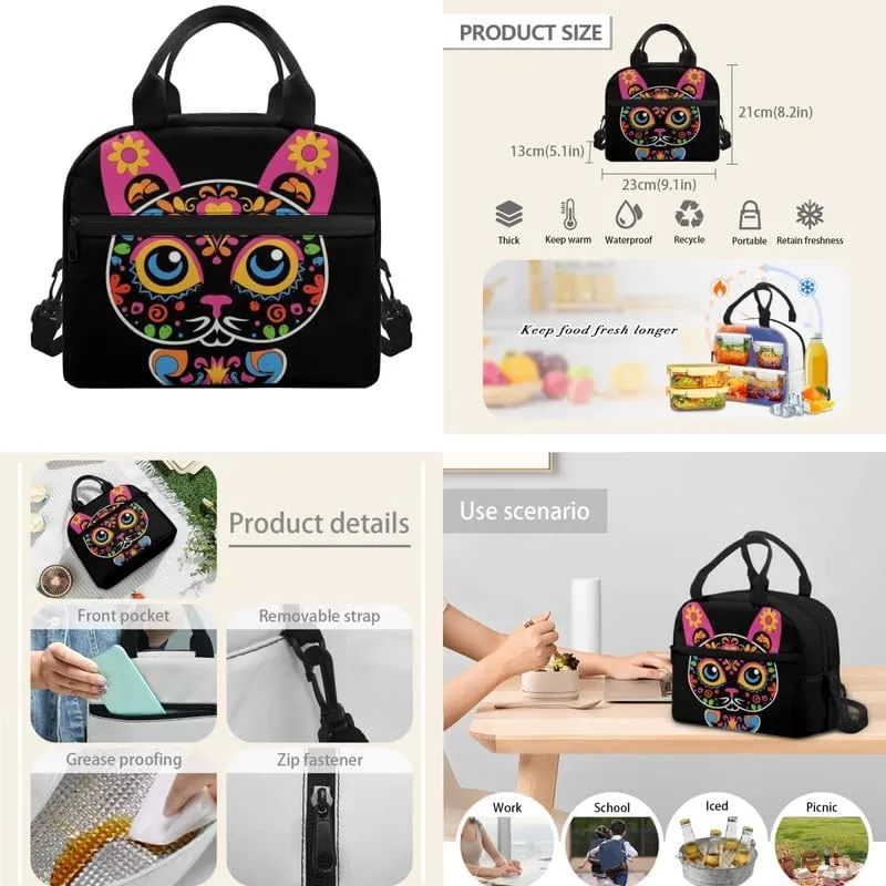 Sugar Skull Cat 3 Pieces Backpack Sets 17 In Youth Floral Kitten Schoolbag Boho Lunch Bag Mexico Day of Dead Artistic Pen Bag Suitable Junior, Senior Students Black