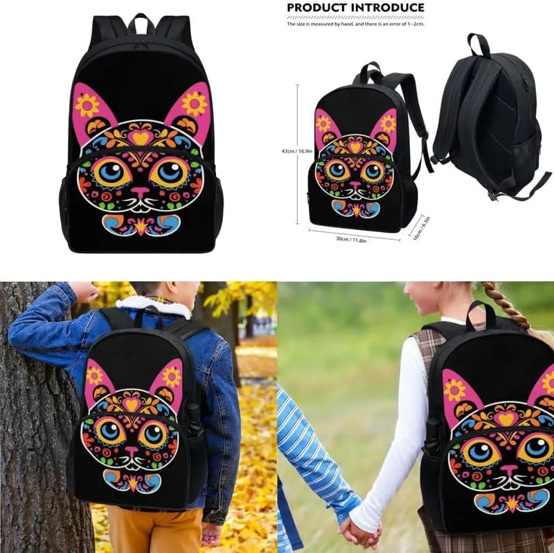 Sugar Skull Cat 3 Pieces Backpack Sets 17 In Youth Floral Kitten Schoolbag Boho Lunch Bag Mexico Day of Dead Artistic Pen Bag Suitable Junior, Senior Students Black