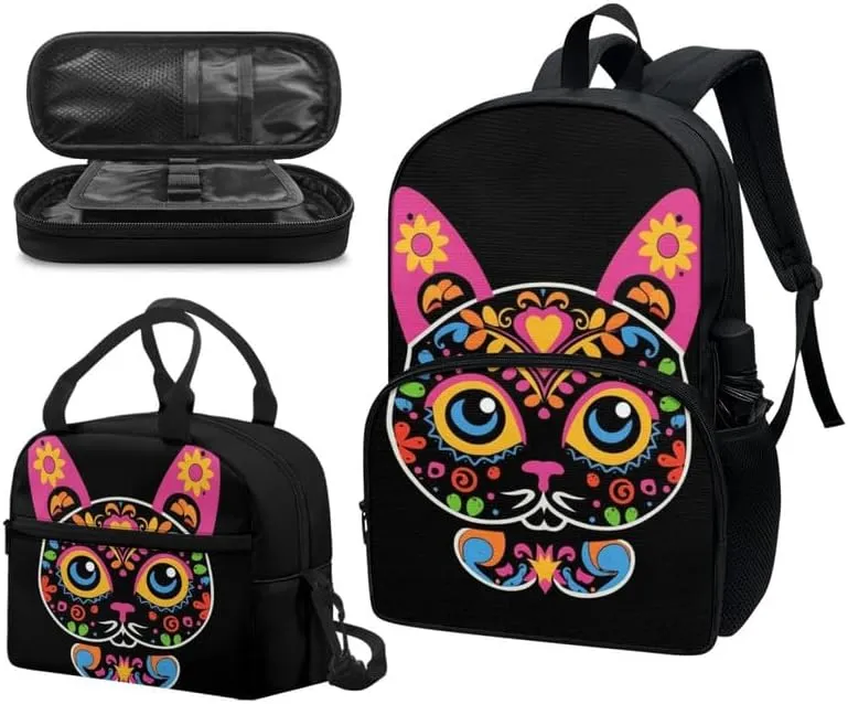 Sugar Skull Cat 3 Pieces Backpack Sets 17 In Youth Floral Kitten Schoolbag Boho Lunch Bag Mexico Day of Dead Artistic Pen Bag Suitable Junior, Senior Students Black