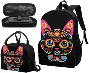 Sugar Skull Cat 3 Pieces Backpack Sets 17 In Youth Floral Kitten Schoolbag Boho Lunch Bag Mexico Day of Dead Artistic Pen Bag Suitable Junior, Senior Students Black