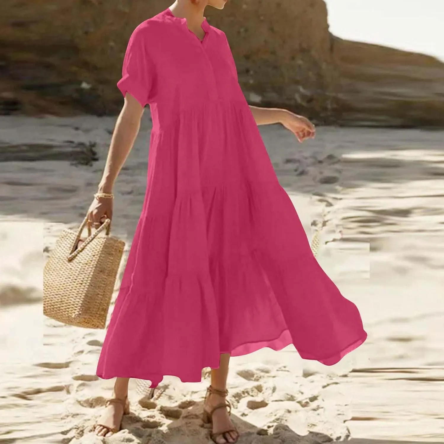 Summer Pleated Ruffle Hem Dresses for Womens Short Sleeve V Neck Dress A Line Midi Skirt Beach Cocktail Party Wear