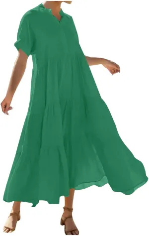 Summer Pleated Ruffle Hem Dresses for Womens Short Sleeve V Neck Dress A Line Midi Skirt Beach Cocktail Party Wear