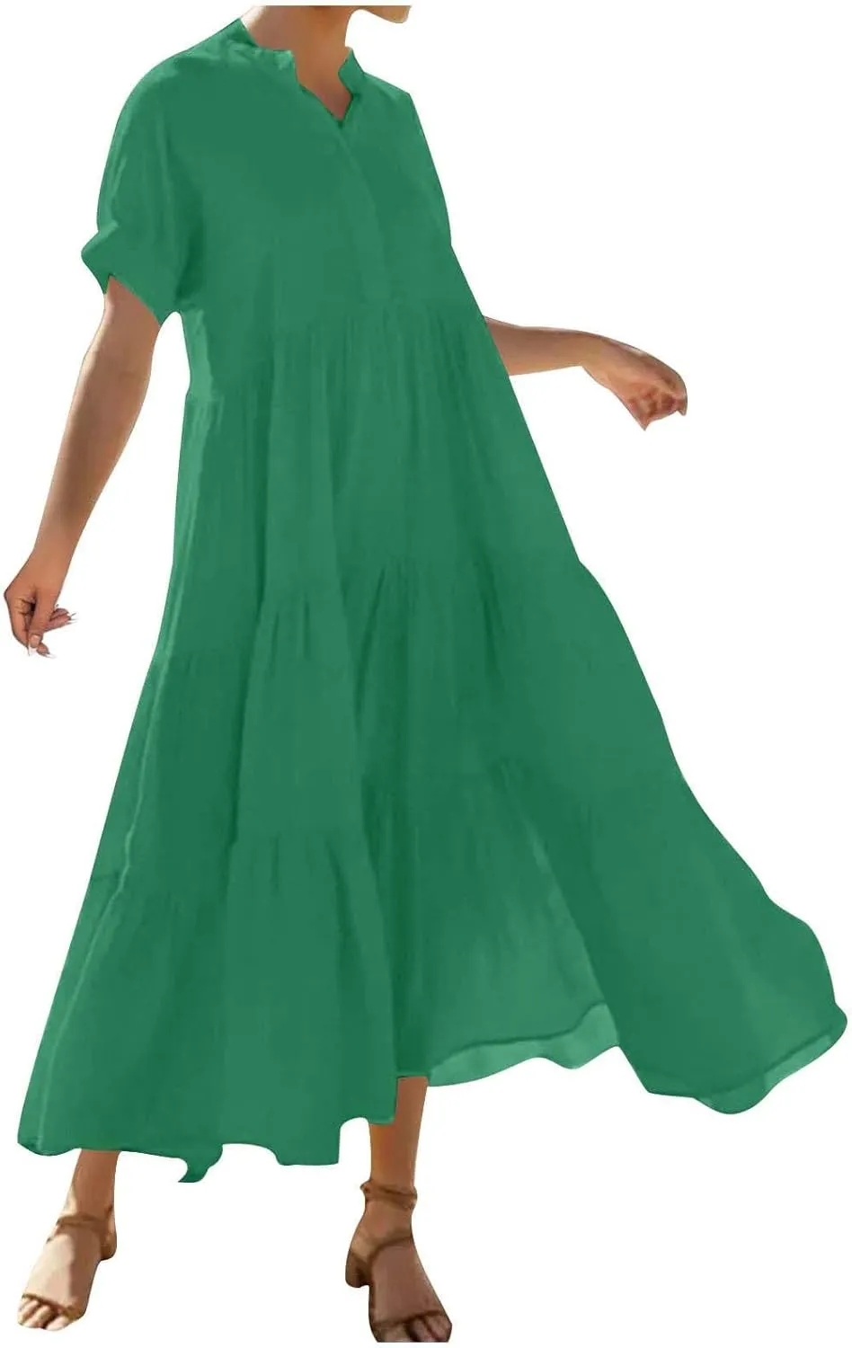 Summer Pleated Ruffle Hem Dresses for Womens Short Sleeve V Neck Dress A Line Midi Skirt Beach Cocktail Party Wear