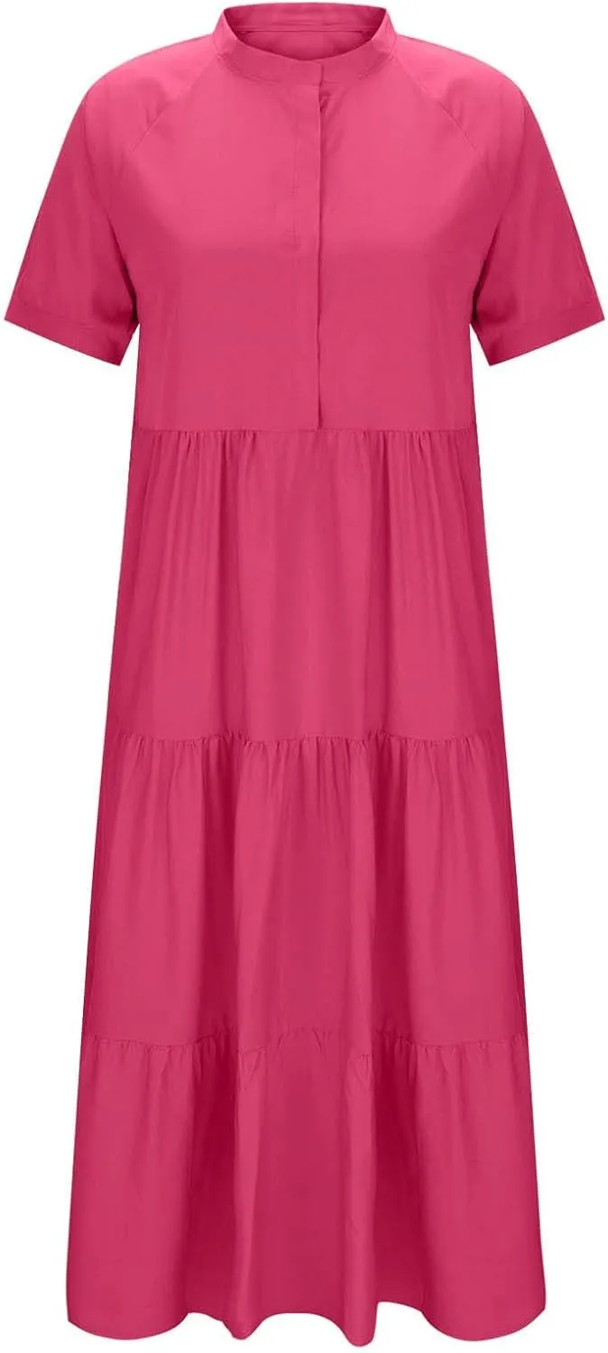 Summer Pleated Ruffle Hem Dresses for Womens Short Sleeve V Neck Dress A Line Midi Skirt Beach Cocktail Party Wear