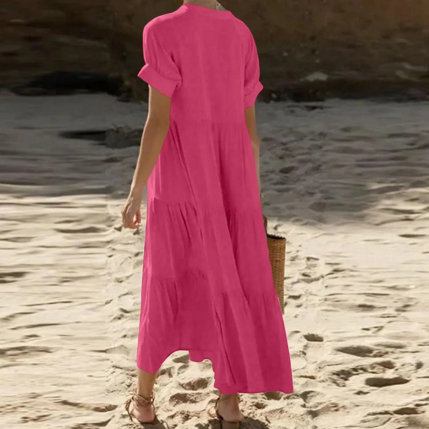 Summer Pleated Ruffle Hem Dresses for Womens Short Sleeve V Neck Dress A Line Midi Skirt Beach Cocktail Party Wear
