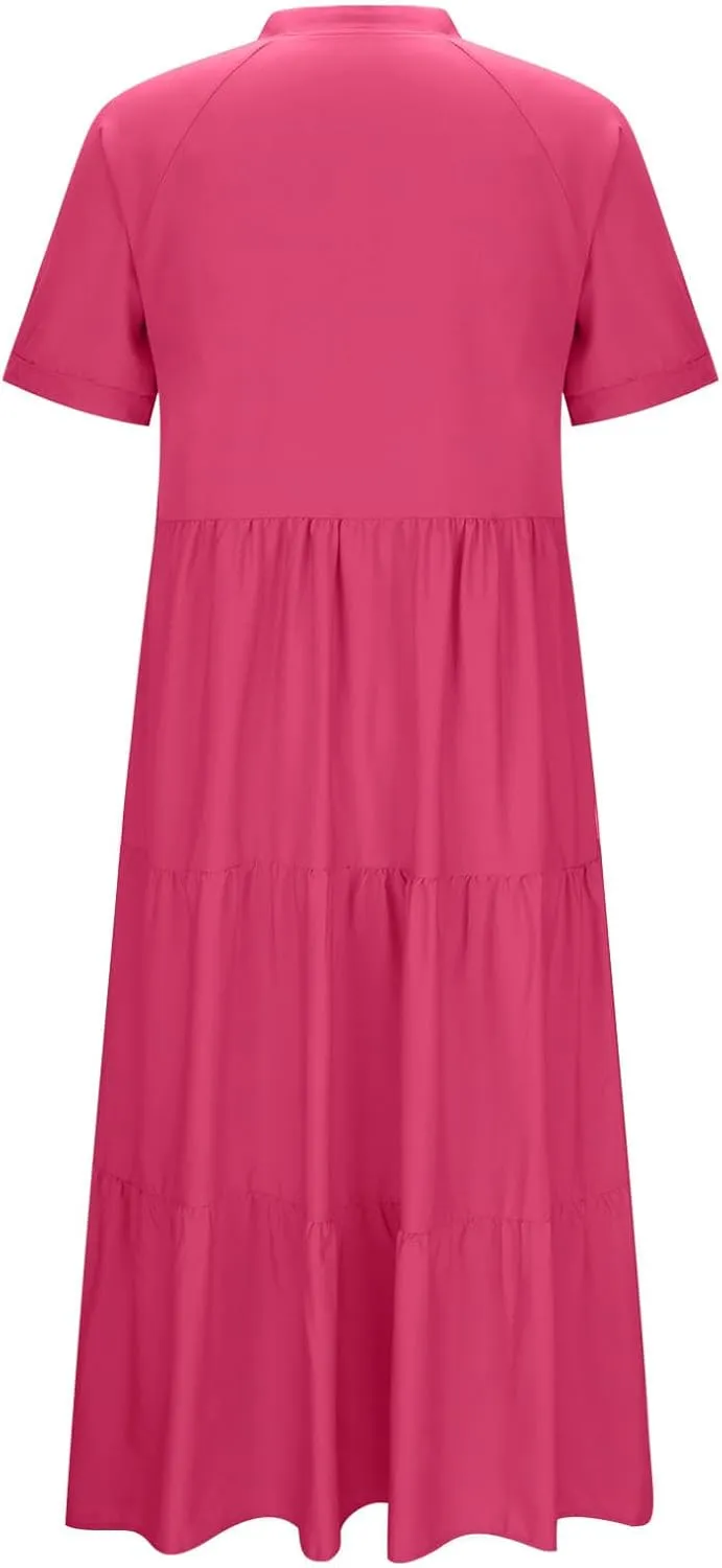 Summer Pleated Ruffle Hem Dresses for Womens Short Sleeve V Neck Dress A Line Midi Skirt Beach Cocktail Party Wear