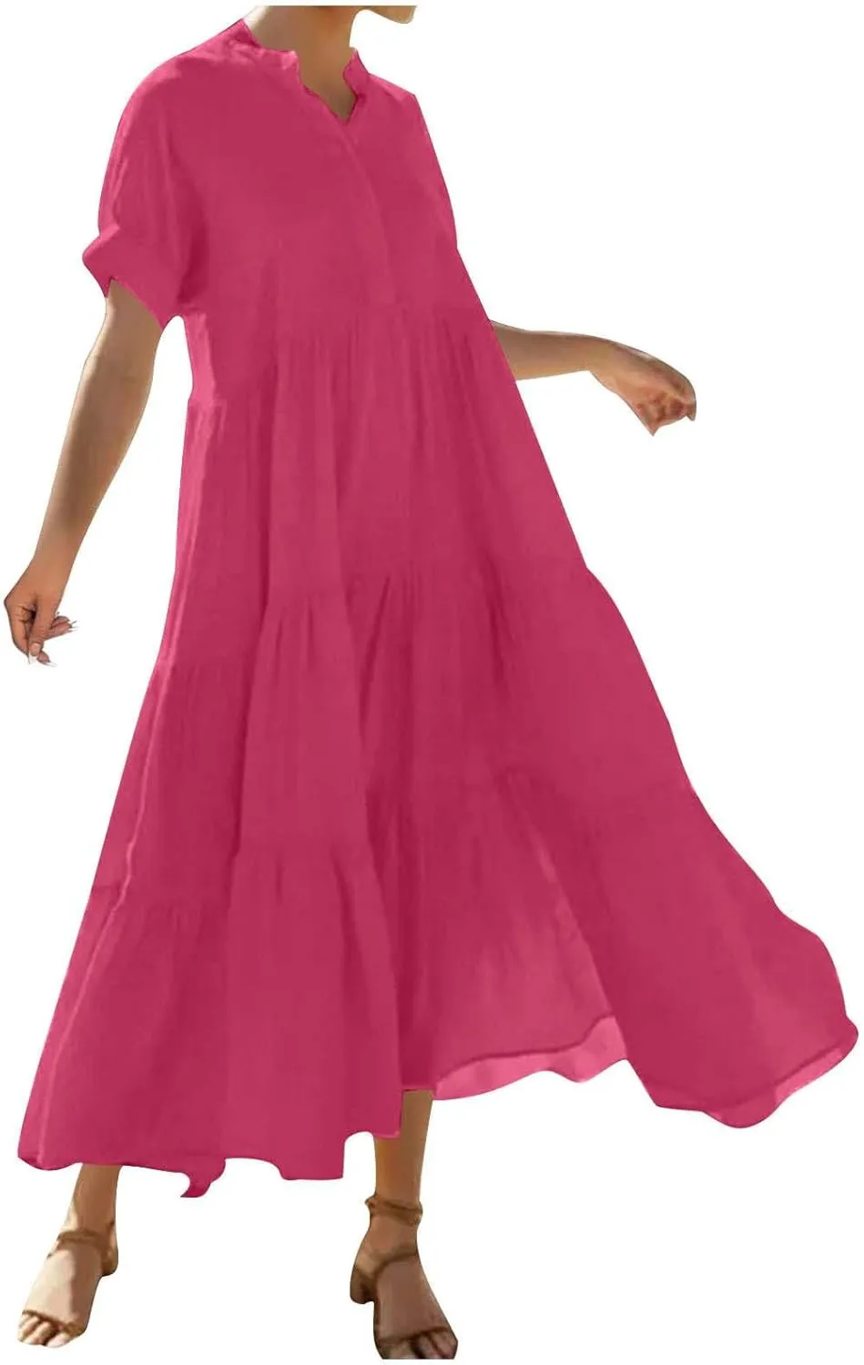 Summer Pleated Ruffle Hem Dresses for Womens Short Sleeve V Neck Dress A Line Midi Skirt Beach Cocktail Party Wear