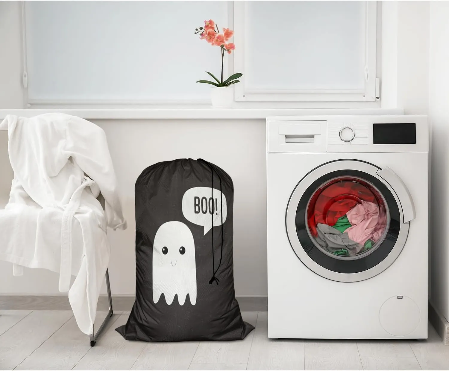 Swono Boo Ghost Sturdy Laundry Basket Hamper, Cute Funny Design Letter Halloween Scary Spooky Symbol Foldable Laundry bag Clothing Organization for Bathroom, Bedroom, Home, Dorm, Travel