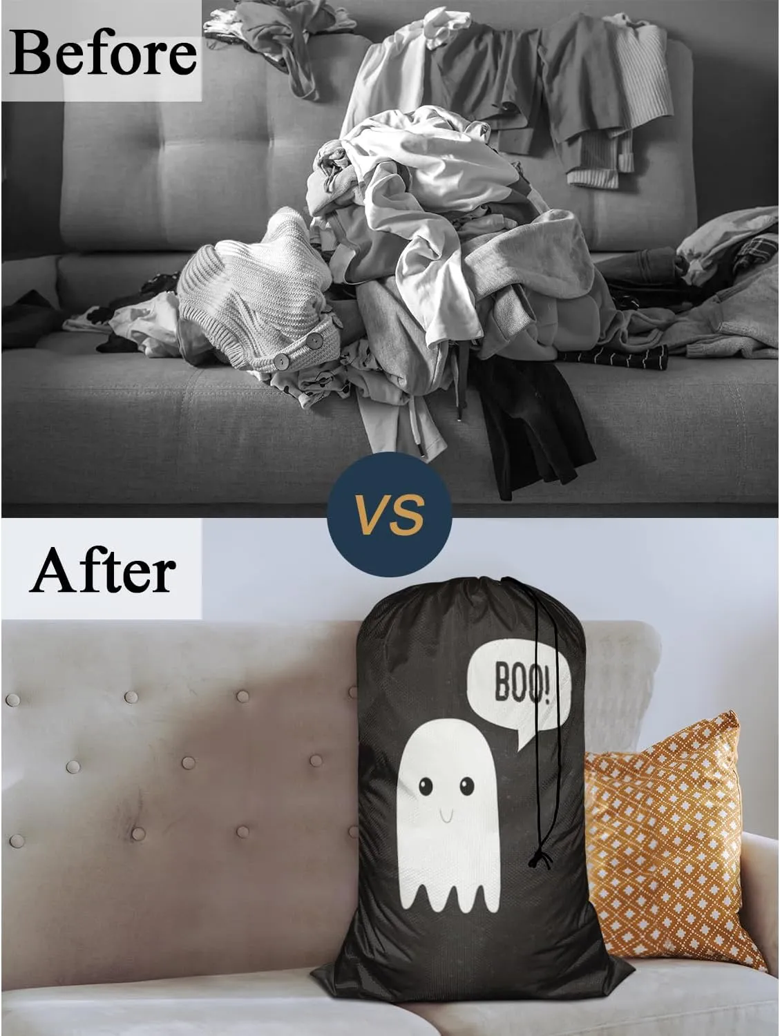 Swono Boo Ghost Sturdy Laundry Basket Hamper, Cute Funny Design Letter Halloween Scary Spooky Symbol Foldable Laundry bag Clothing Organization for Bathroom, Bedroom, Home, Dorm, Travel