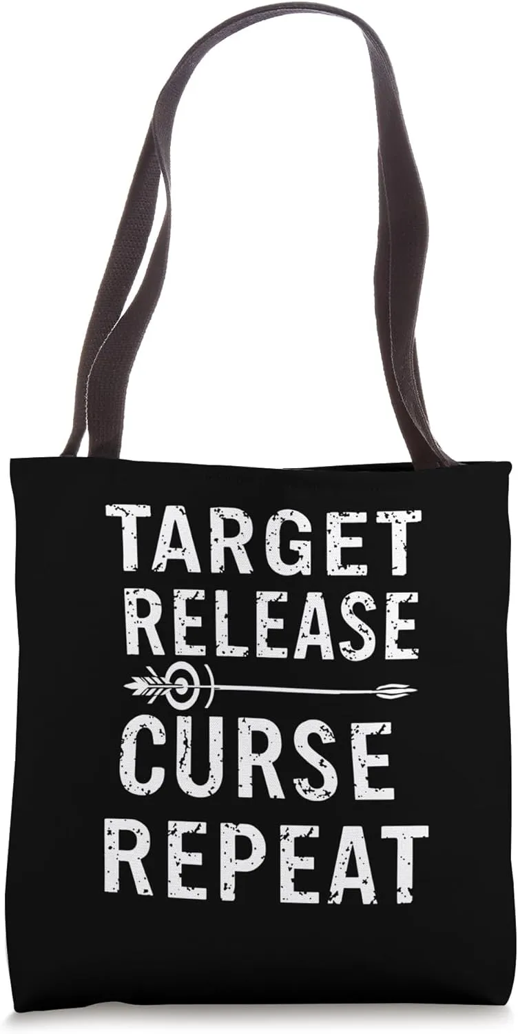 TARGET RELEASE CURSE REPEAT Bold typography Tote Bag
