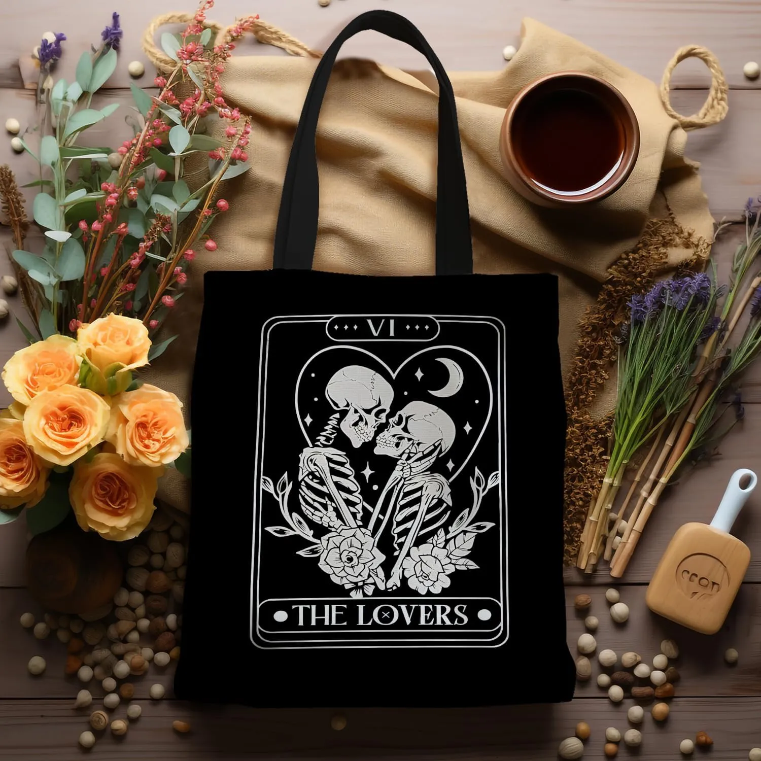Tarot Card The Lovers Goth Skeleton Tote Bag, Gothic Gifts for Women, Halloween Spooky Gifts, Reusable Grocery Bags