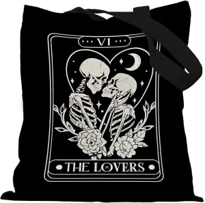 Tarot Card The Lovers Goth Skeleton Tote Bag, Gothic Gifts for Women, Halloween Spooky Gifts, Reusable Grocery Bags