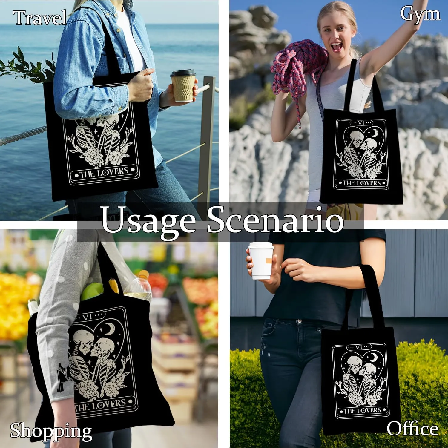 Tarot Card The Lovers Goth Skeleton Tote Bag, Gothic Gifts for Women, Halloween Spooky Gifts, Reusable Grocery Bags