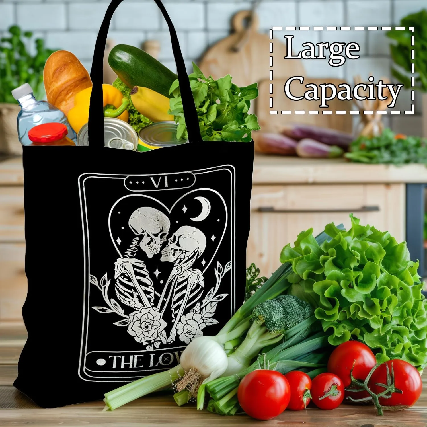 Tarot Card The Lovers Goth Skeleton Tote Bag, Gothic Gifts for Women, Halloween Spooky Gifts, Reusable Grocery Bags