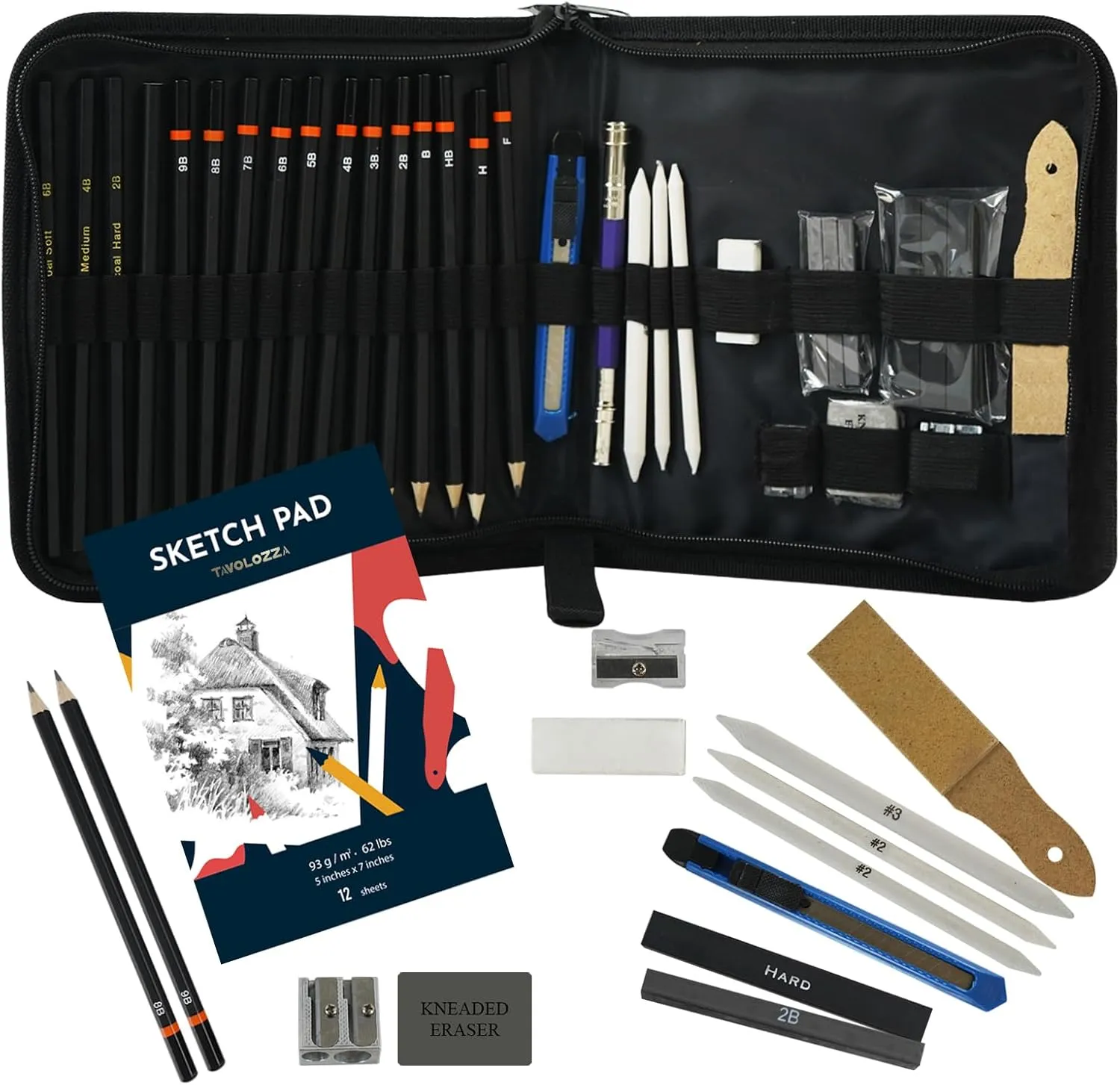 Tavolozza Drawing Art Pencils Set, 34 Pack Professional Drawing and Sketch Pencil Set in Soft-Sided Art Portfolio Storage Bags for Kids, Teens and Adults.