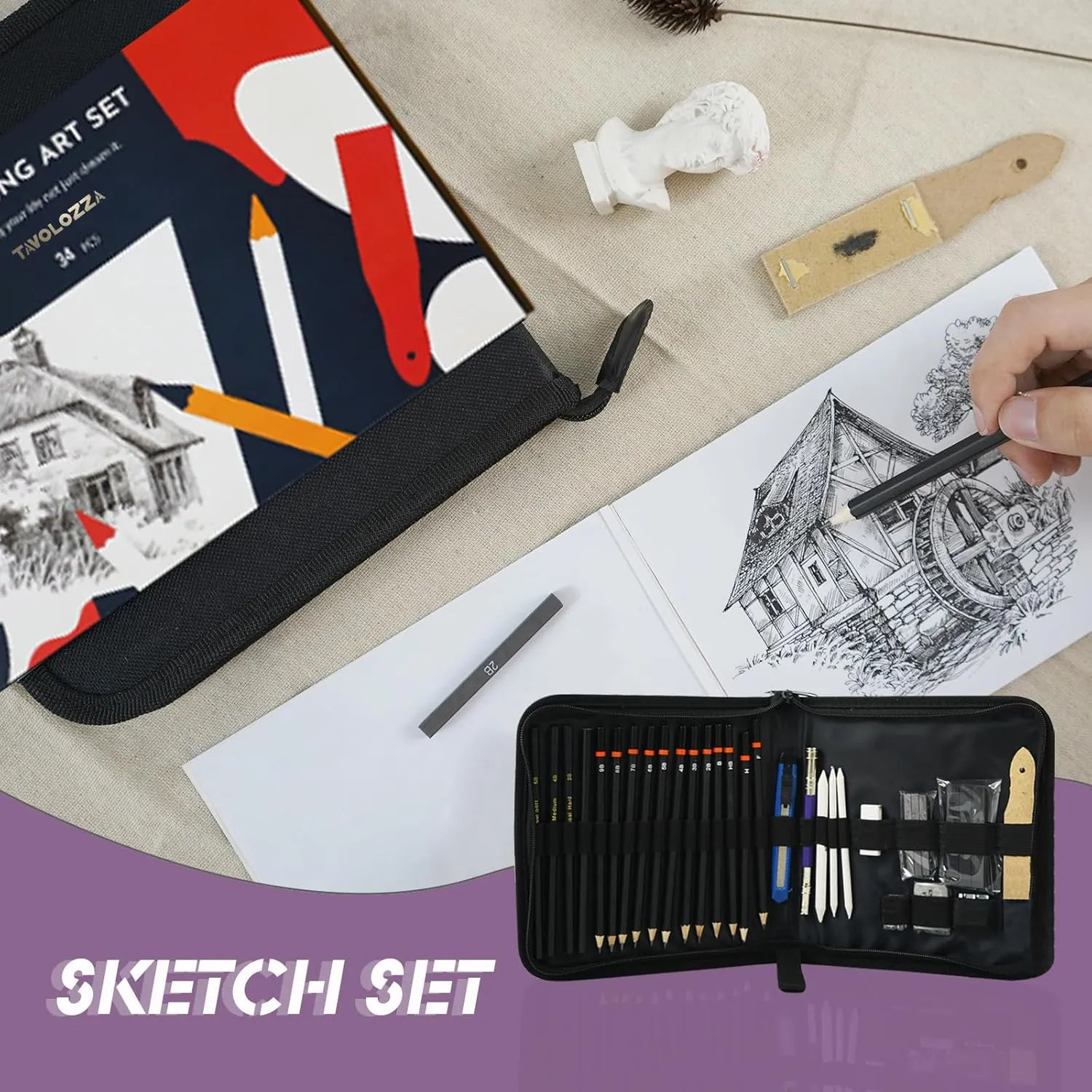 Tavolozza Drawing Art Pencils Set, 34 Pack Professional Drawing and Sketch Pencil Set in Soft-Sided Art Portfolio Storage Bags for Kids, Teens and Adults.