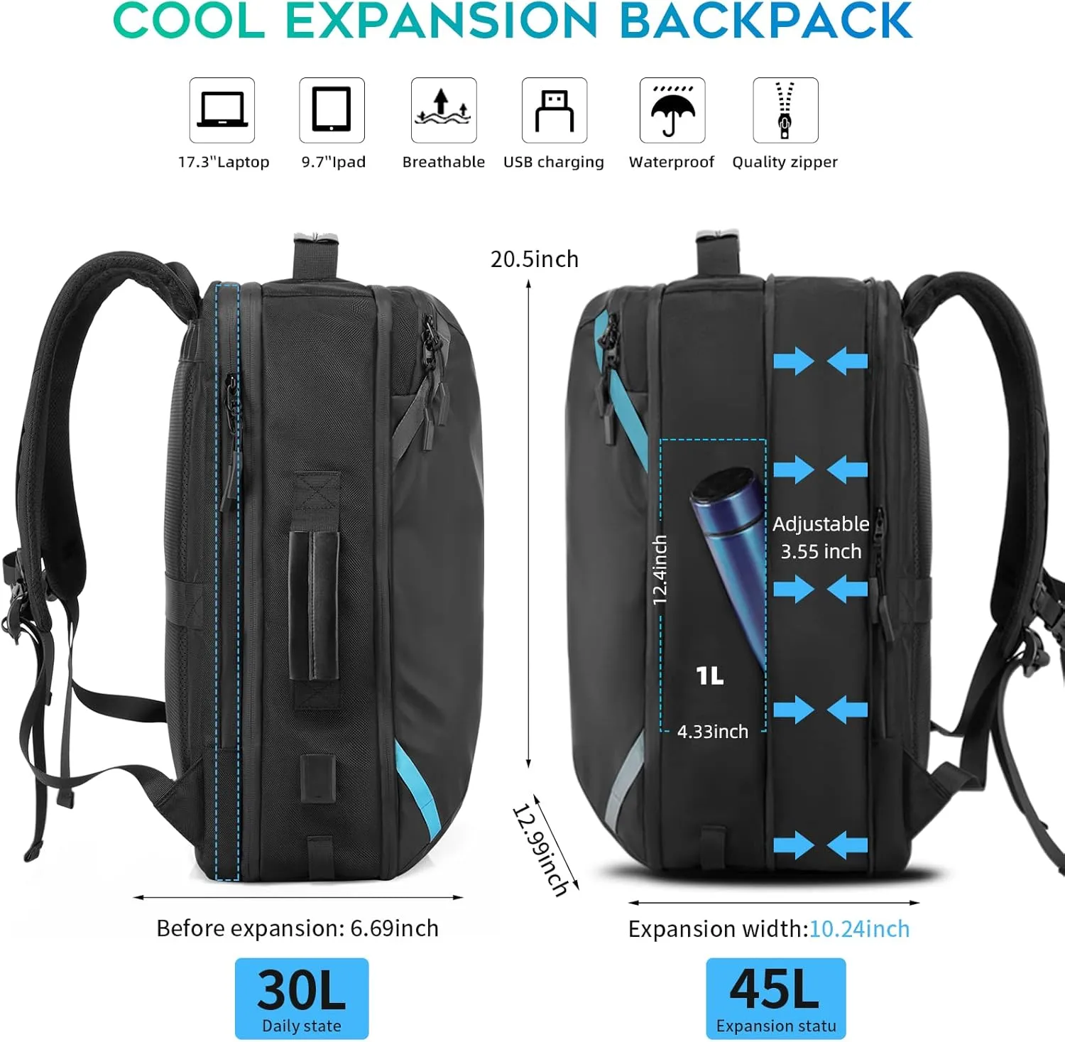 Travel Carry on Backpack, Extra Large Expandable 45L Backpack for Flight approved, 17.3" Laptop with USB Charging Port Backpacks, Water Resistant Computer Business Backpack for Men & Women