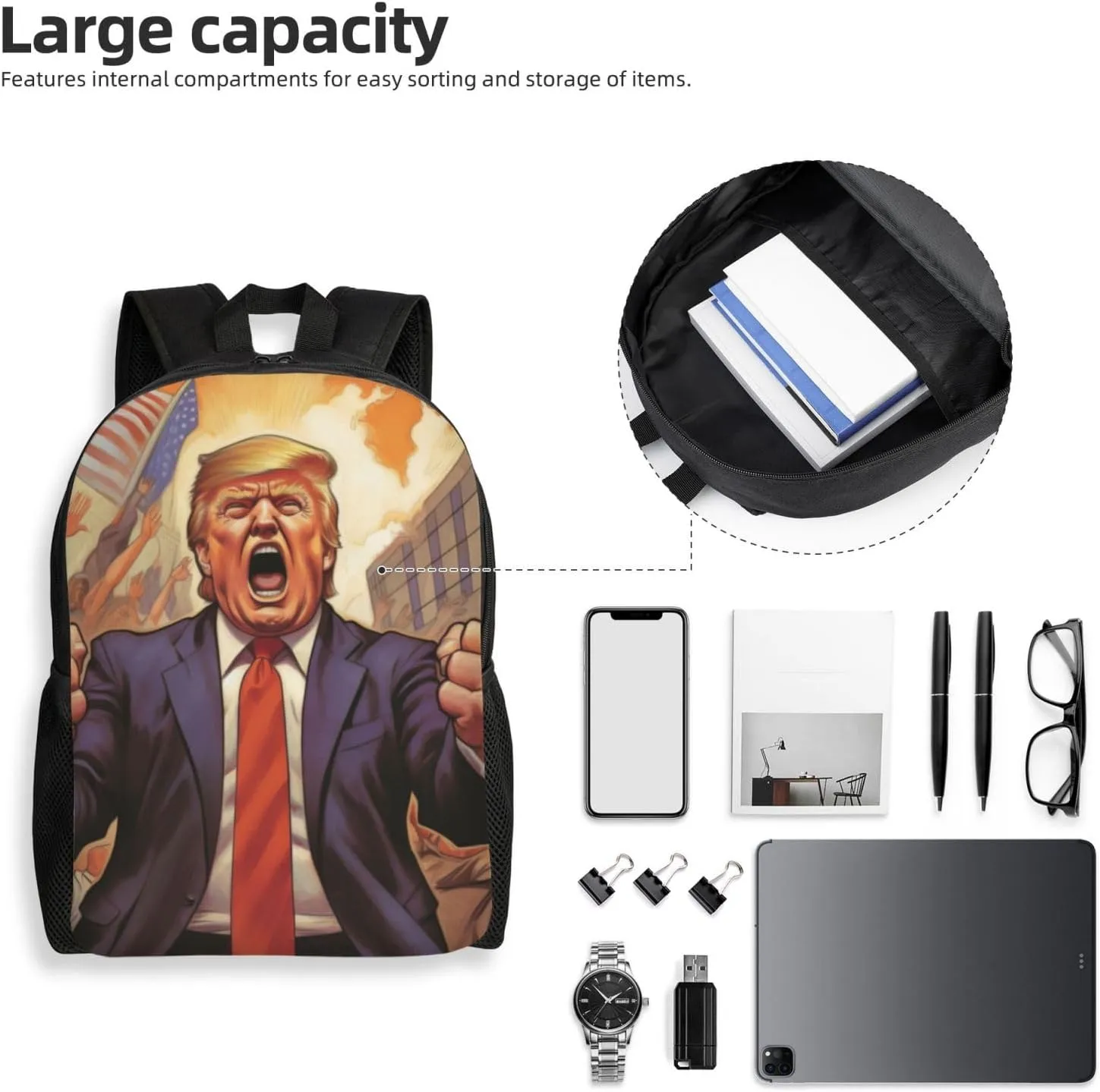 Trump Cartoon Backpack Waterproof Anti Theft Durable Light Laptop Bag Backpacks For Women Men Travel Gym Backpack