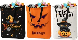 TYL&TYS Halloween Treat Bags, 3Pcs Trick or Treating Canvas Tote Gift Bags (Trick or Treat, Cat, Pumpkin), Reusable Candy Grocery Boo Basket for Kids