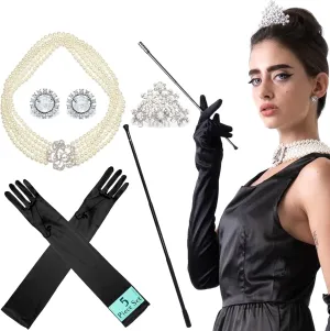 Utopiat Audrey Hepburn Inspired Costume Jewelry and Accessory 5 Piece Set | Breakfast at Tiffany's Vintage Necklace, Tiara, Earrings, Long Black Holder, Black Opera Gloves (Without Gift Box)