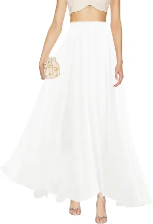 v28 Women Full/Ankle Length Elastic Pleated Retro Maxi Chiffon Long Skirt