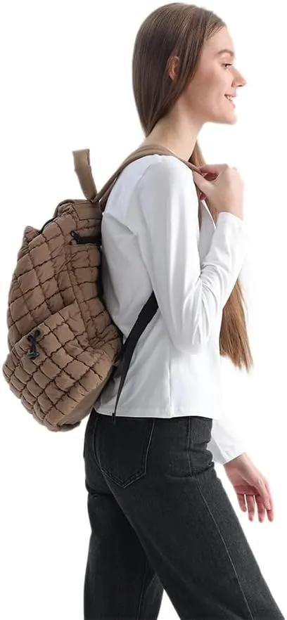 VAKAER Puffer Backpack for Women Lightweight Quilted Hiker Pack with Drawstring Padding Backpacks for Travel Gym (Khaki)